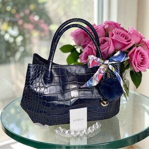 3FER Furla Dark Blue Croc-Embossed Satchel
